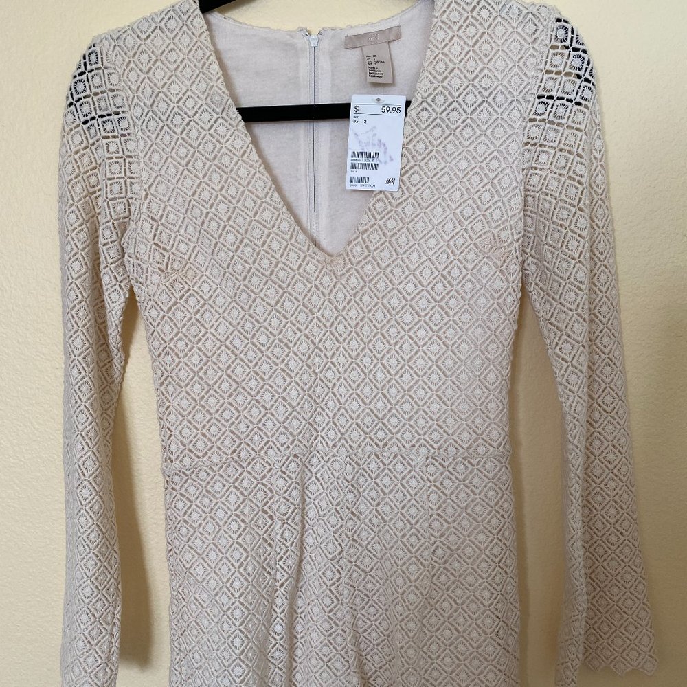H&M Cream Lace V Cut Long Sleev Short Jumpsuit NWT